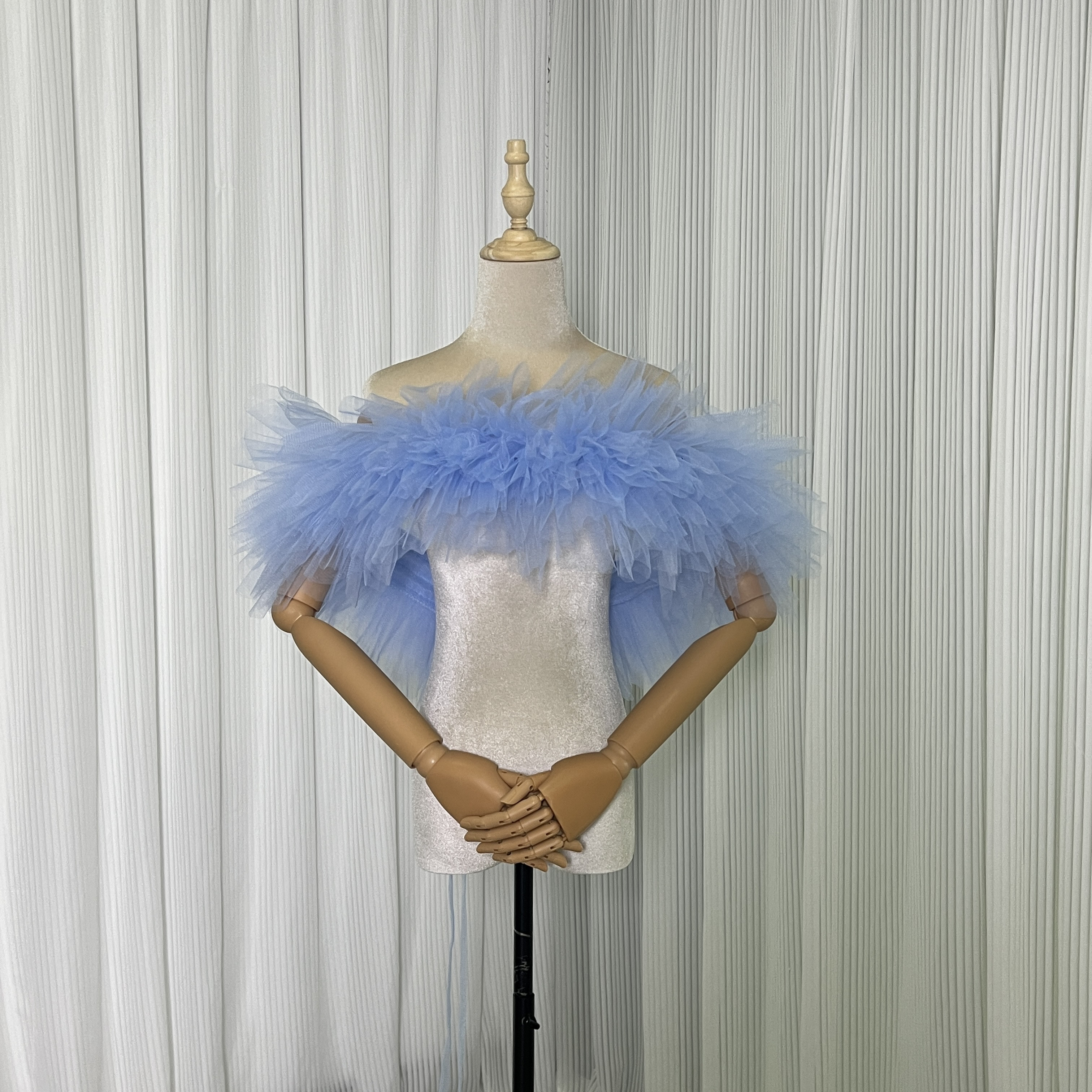 送料無料！取り外しオフショルダー ライトブルー ラッフルフリル  編み上げ ハンドメイド ソフトチュール 花嫁