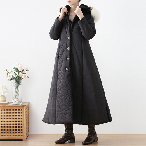 ★美品★ ★ブラック Ａラインロングコート サイズＬ 上品なAラインでキレイめに防寒☆綿入りロングコート ブラック コート