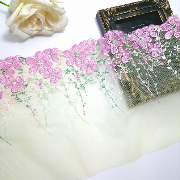 1m ピンク色花柄 刺繡 チュールレース ハンドメイド 生地 手芸 素材 