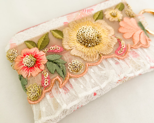 【リネン刺繍　ようこママページ】ボートポーチ インド刺繍リボン 刺繍リボン ファスナーポーチ ポーチピンク