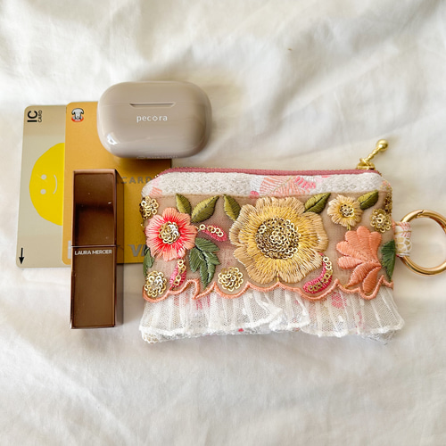 インド刺繍リボン 刺繍リボン ファスナーポーチ ポーチピンク