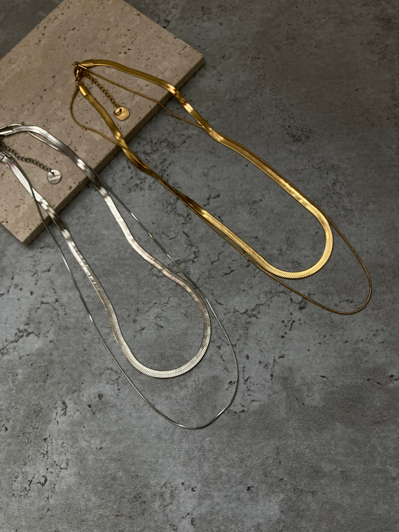 ーレイヤードスネークチェーンネックレスー　サージカルステンレス　チェーンネックレス　スネークチェーン　ネックレス 5枚目の画像