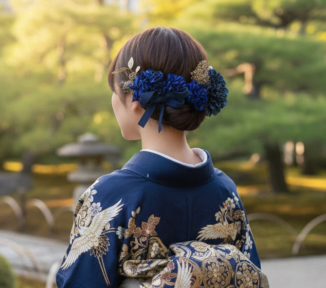濃紺ⅹシルバー　髪飾り　成人式　結婚式　卒業式　七五三　晴れ着　振袖　袴　色打掛　ウエディングフォト　花嫁