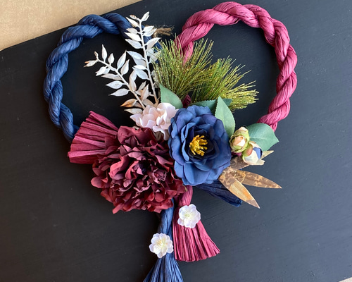 数量限定【お正月】2本取り 大輪ダリアと椿のしめ縄リース rb/nv