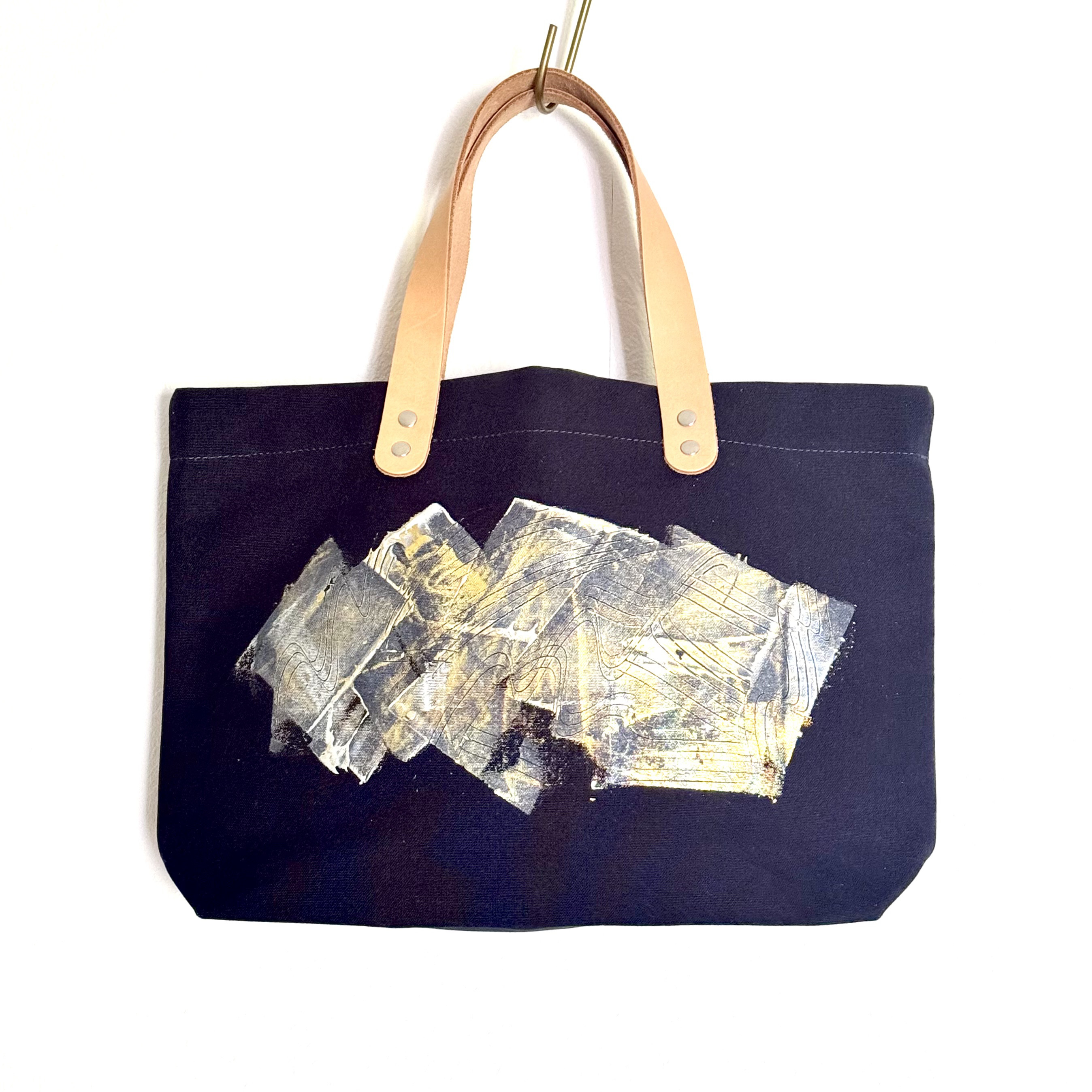 金箔加工の帆布トートバック A4 軽量 レザーハンドル / navy