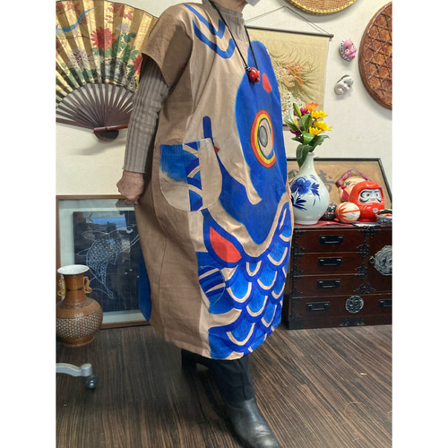 古布　柿渋染　鯉のぼり柄チュニック 古布 柿渋染 鯉のぼり柄チュニック