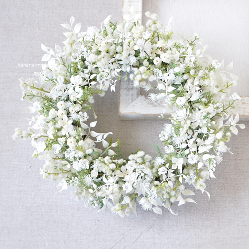 ＊新作＊ミモザと白いスイトピーの大きなリース 小雪 白いミモザのリーズ：白 ミモザ リース はなりえmade 通販