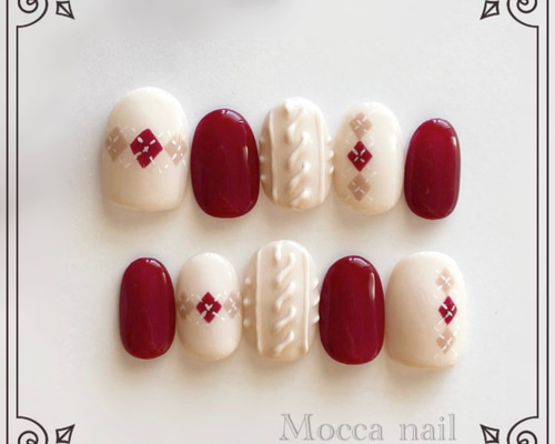 【No.031】ネイルチップ♡ニットネイル♡赤ネイル♡ツイード♡ボルドー No.031】ネイルチップ♡ニットネイル♡赤ネイル♡ツイード♡ボルドー