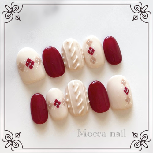 346】アーガイルニットネイル×ボルドー ネイルチップ 冬 バレンタイン