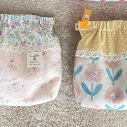 巾着袋 ねこ 花 刺繍 ほっこり ダーニング 可愛い 小物 リネン 小物