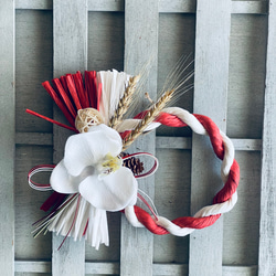 紅白のしめ縄と胡蝶蘭　お正月　正月飾り　しめ縄　お正月飾り　お飾り　しめ飾り　しめ縄　しめなわ　注連縄 1枚目の画像