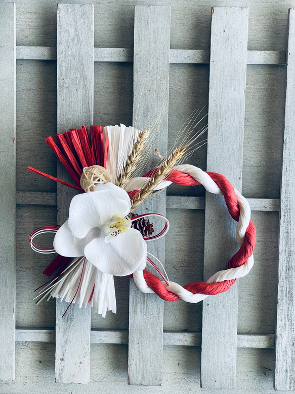紅白のしめ縄と胡蝶蘭　お正月　正月飾り　しめ縄　お正月飾り　お飾り　しめ飾り　しめ縄　しめなわ　注連縄 1枚目の画像
