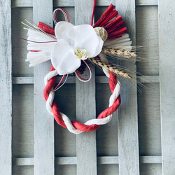 紅白のしめ縄と胡蝶蘭　お正月　正月飾り　しめ縄　お正月飾り　お飾り　しめ飾り　しめ縄　しめなわ　注連縄 5枚目の画像
