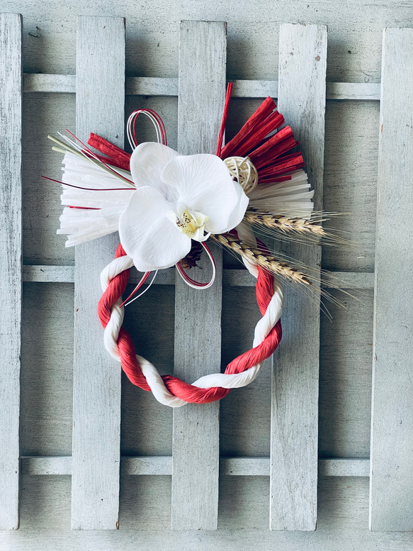 紅白のしめ縄と胡蝶蘭　お正月　正月飾り　しめ縄　お正月飾り　お飾り　しめ飾り　しめ縄　しめなわ　注連縄 2枚目の画像