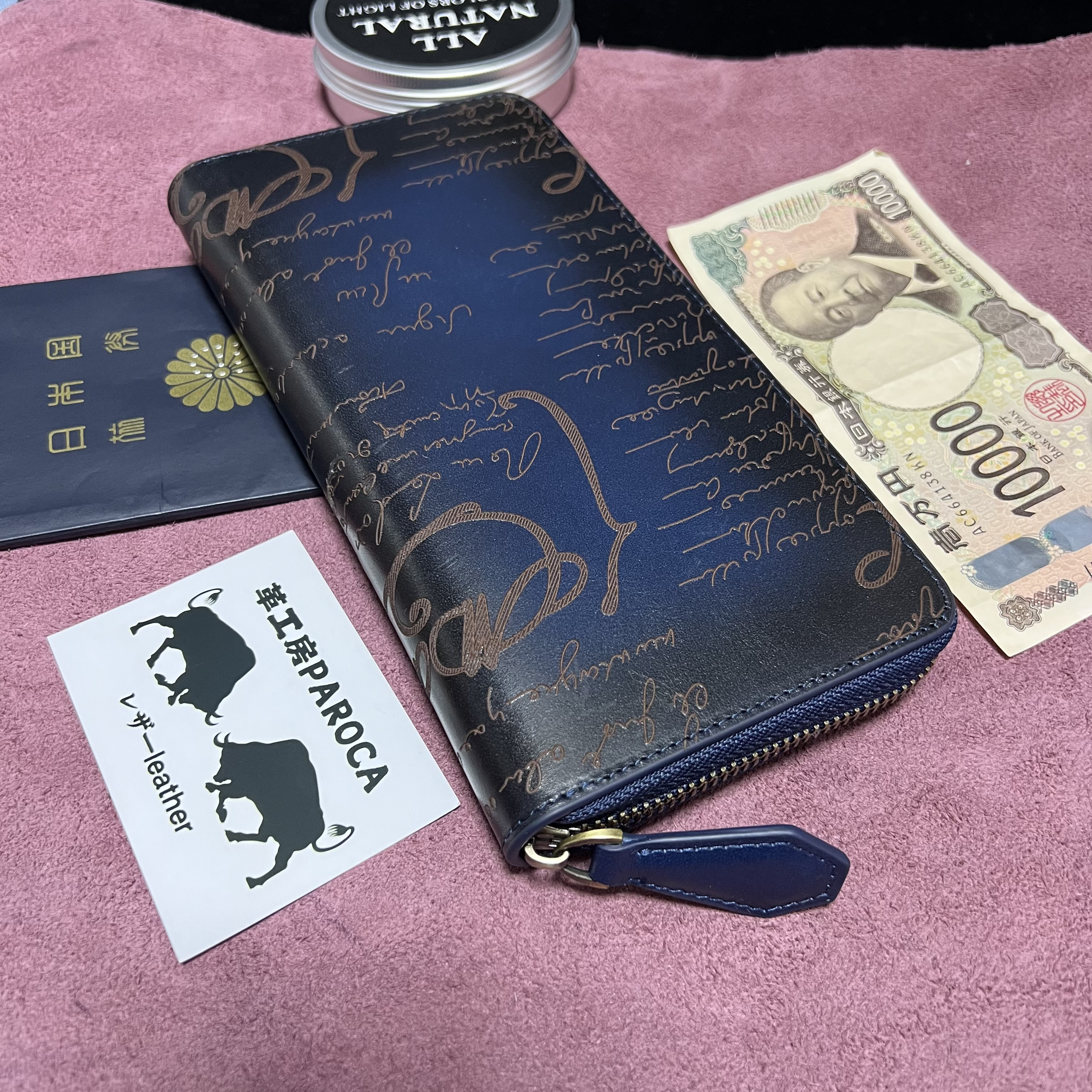 藍色　ネイビー　イタリアンレザー ハンドメイド 　長財布　メンズ 牛革本革男女兼用