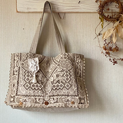 フランスアンティーク* 3WAY巾着バッグ*手刺繍***redworkモノグラム フランスアンティーク* 3WAY巾着バッグ*手刺繍***redwork