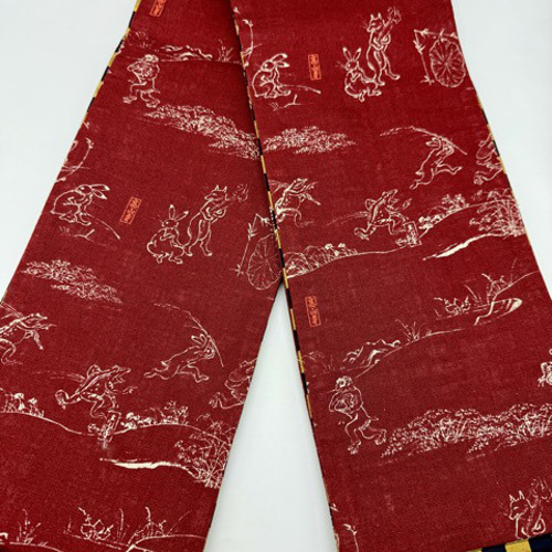 目玉商品】4315木綿半幅帯 鳥獣戯画柄 臙脂色 豪華帯留め・根付絹帯締め