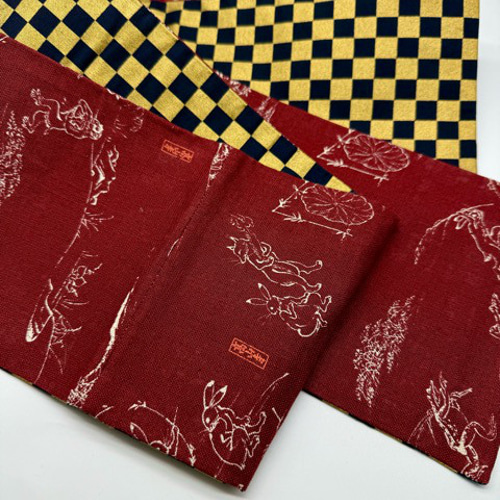目玉商品】4315木綿半幅帯 鳥獣戯画柄 臙脂色 豪華帯留め・根付絹帯締め