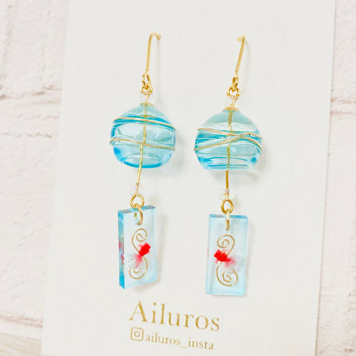 金魚風鈴ピアス レジン ハンドメイド 1ペア 流水紋 和風