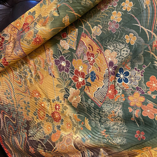 ♥セール♥着物リメイク　振袖　作家物　ロングワンピース　ドルマン　M-Lサイズ 着物リメイク 琉球紅型ちりめん/ドルマン袖ロングワンピース