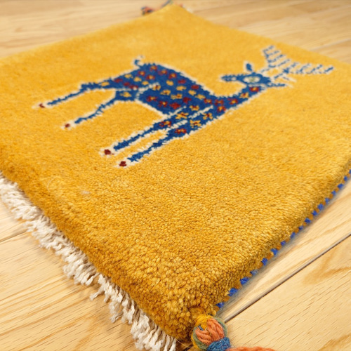 秋入荷】ペルシャ ギャッベ ミニマット 41.5x40cm 黄色 シカ