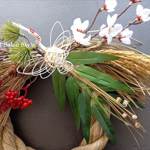 お正月飾り「飛鶴」しめ縄に松・南天 梅に稲穂 鶴水引 しめ飾り しめ縄