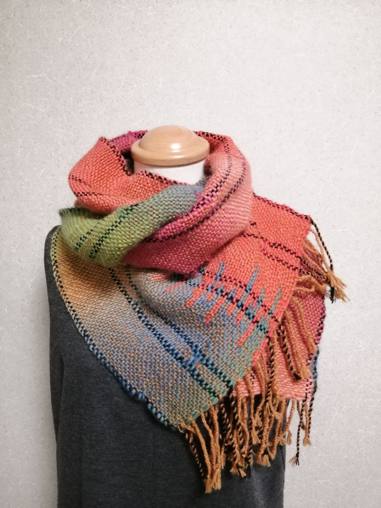 手織りマフラー　2トーングラデーション引き返し織り　１点もの