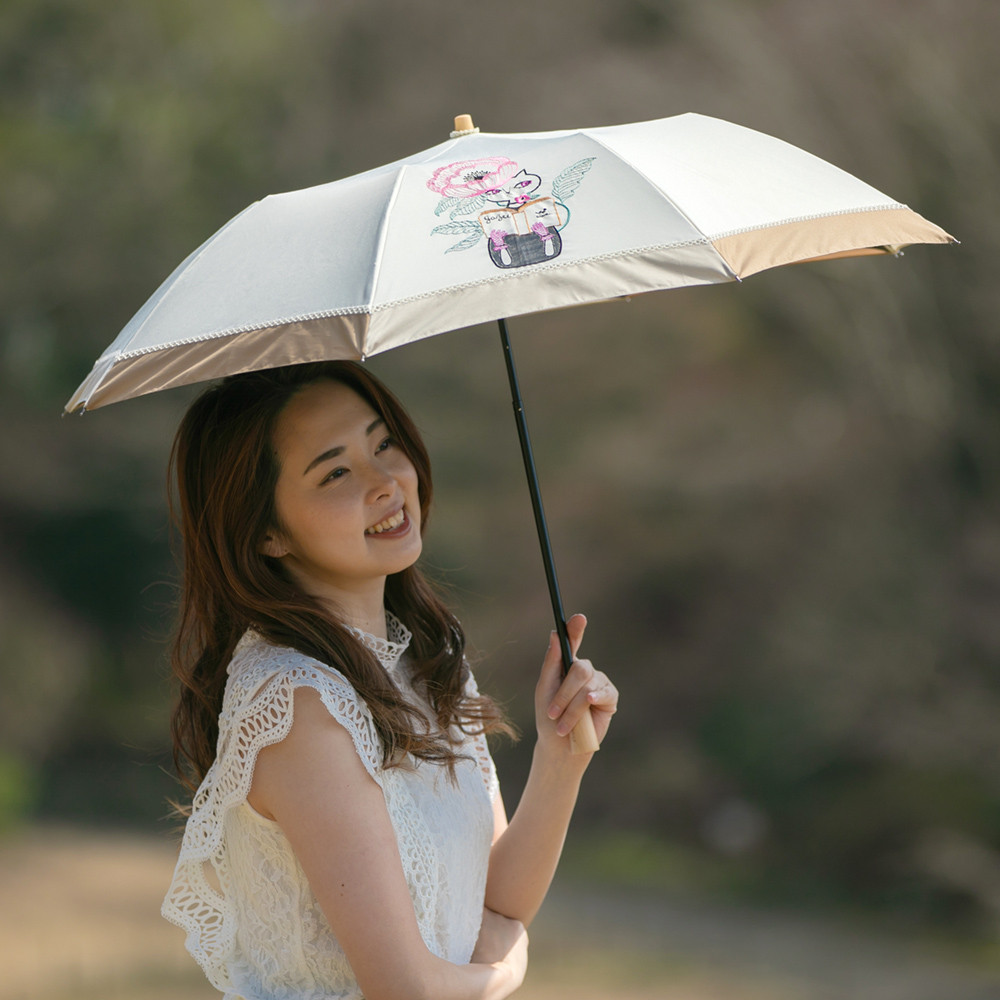 晴雨兼用傘 完全遮光 日傘 【逃熱日傘】「clue.」コラボ 涼感かわず張りショート折りたたみ日傘　モカ