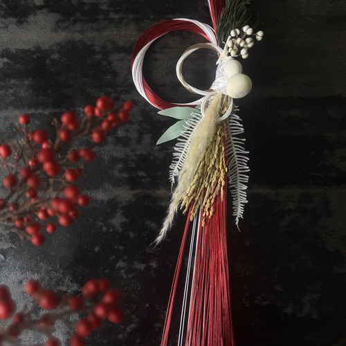 紅白水引飾り お正月飾り 縦50㎝ 五葉松 稲穂 豆ひょうたん 縁起物