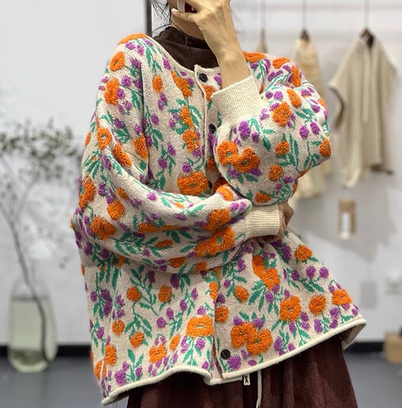 レトロ ウール混紡 手編みニットセーター カーディガン ゆったり