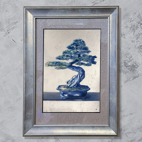 松の盆栽」(額付き)-銀色の絵-※プラチナ箔使用 絵画 開運絵師工房 通販