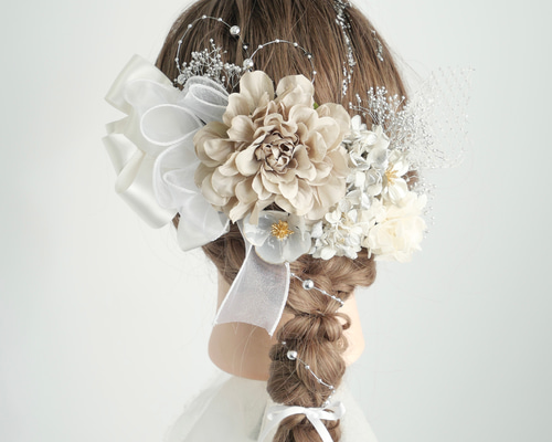 L14 白 シルバー グレー ダリア リボン 髪飾り ドライフラワー 成人式