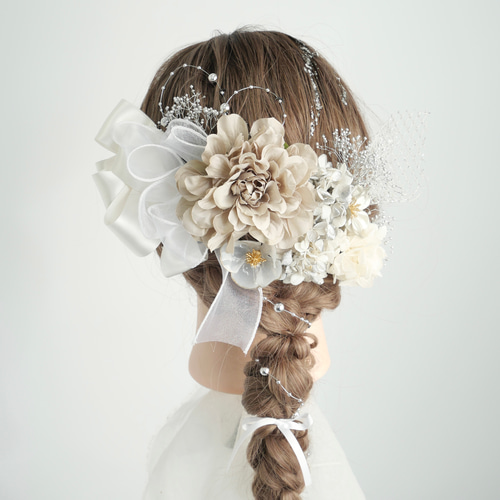 A225 白 シルバー グレー ダリア リボン 髪飾り ドライフラワー 成人式