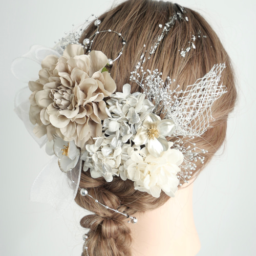 A225 白 シルバー グレー ダリア リボン 髪飾り ドライフラワー 成人式