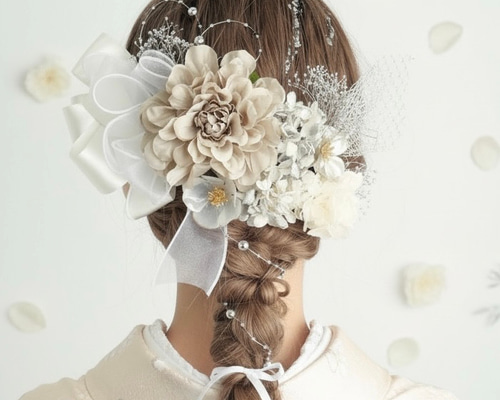 A225 白 シルバー グレー ダリア リボン 髪飾り ドライフラワー 成人式