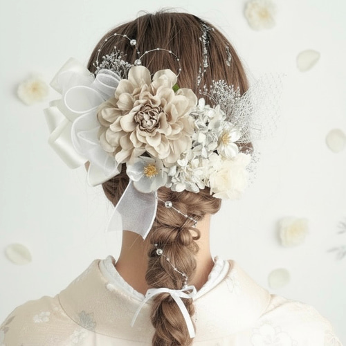 A225 白 シルバー グレー ダリア リボン 髪飾り ドライフラワー 成人式