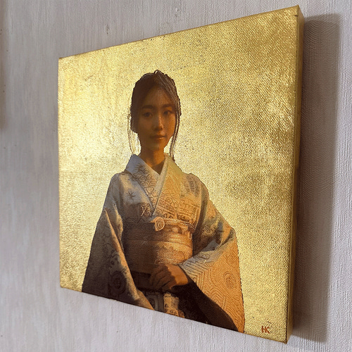 着物姿の女性の絵-金色キャンバス絵画※純金箔使用 絵画 開運絵師