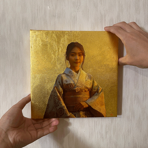 着物姿の女性の絵画 着物姿の女性の絵-金色キャンバス絵画※純金箔使用 絵画 開運絵師