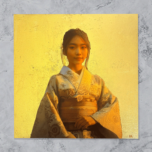 着物姿の女性の絵-金色キャンバス絵画※純金箔使用 絵画 開運絵師工房