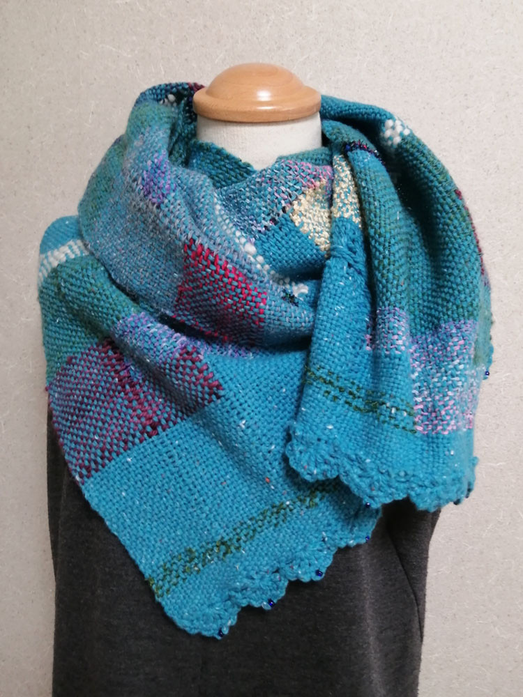 手織りマフラー　切嵌め風　青地　１点もの