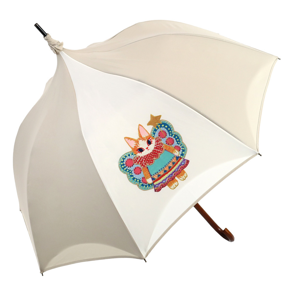 晴雨兼用傘 完全遮光 日傘 【逃熱日傘】福嶋吾然有 コラボ 涼感かわず張り長日傘 妖精猫 モカ