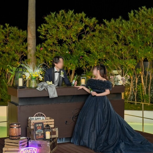 実例写真！カラードレス ネイビー 取り外しオフショルダー 大人っぽい