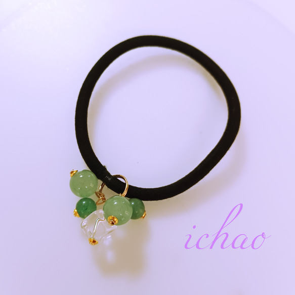 再再販♪推しカラーはグリーン☆天然石グリーンアベンチュリン×水晶のヘアゴム♪ 2枚目の画像