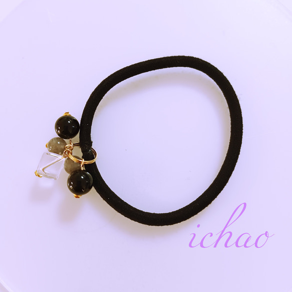 再再販♪推しカラーはブラック☆天然石ブラックオニキス×ラブラドライト×水晶のヘアゴム♪ 2枚目の画像