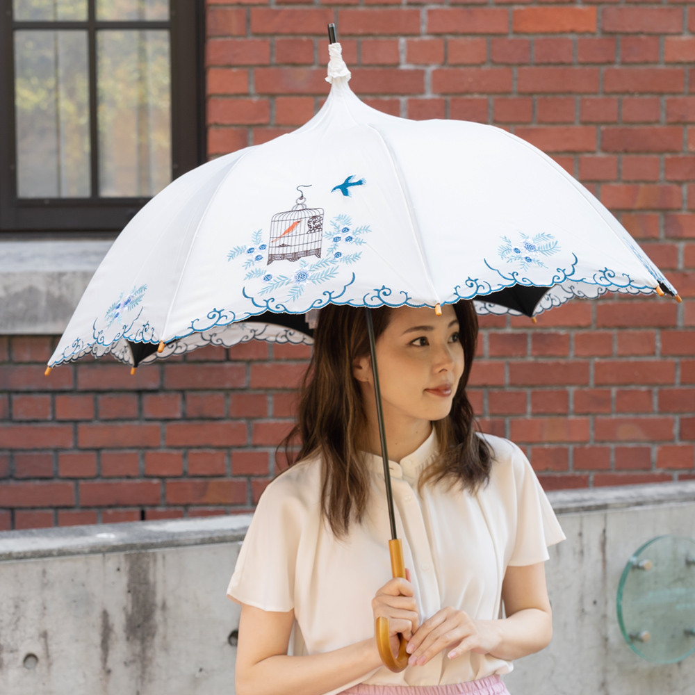 晴雨兼用傘 完全遮光 日傘 【逃熱日傘】「マツモトヨーコ」コラボ 涼感かわず張り長日傘 鳥かご ホワイト
