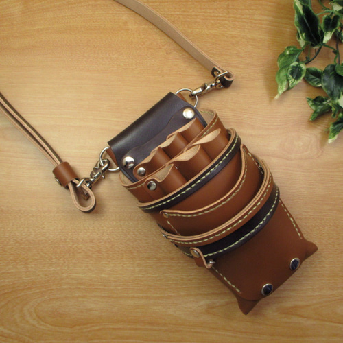 本革 6丁差し シザーケース [革ベルト付き] (キャメル×焦げ茶) SCL