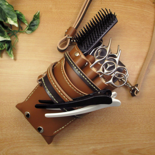 本革 6丁差し シザーケース [革ベルト付き] (キャメル×焦げ茶) SCL