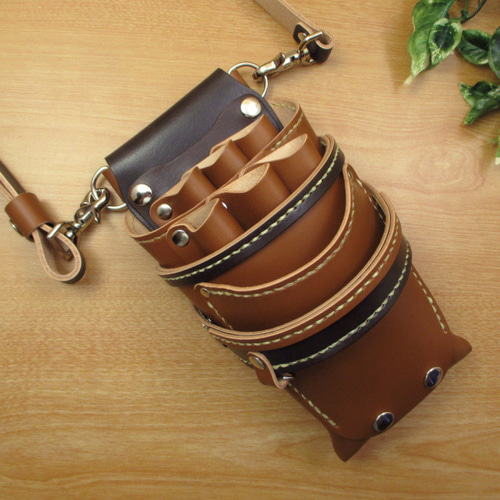 本革 6丁差し シザーケース [革ベルト付き] (キャメル×焦げ茶) SCL