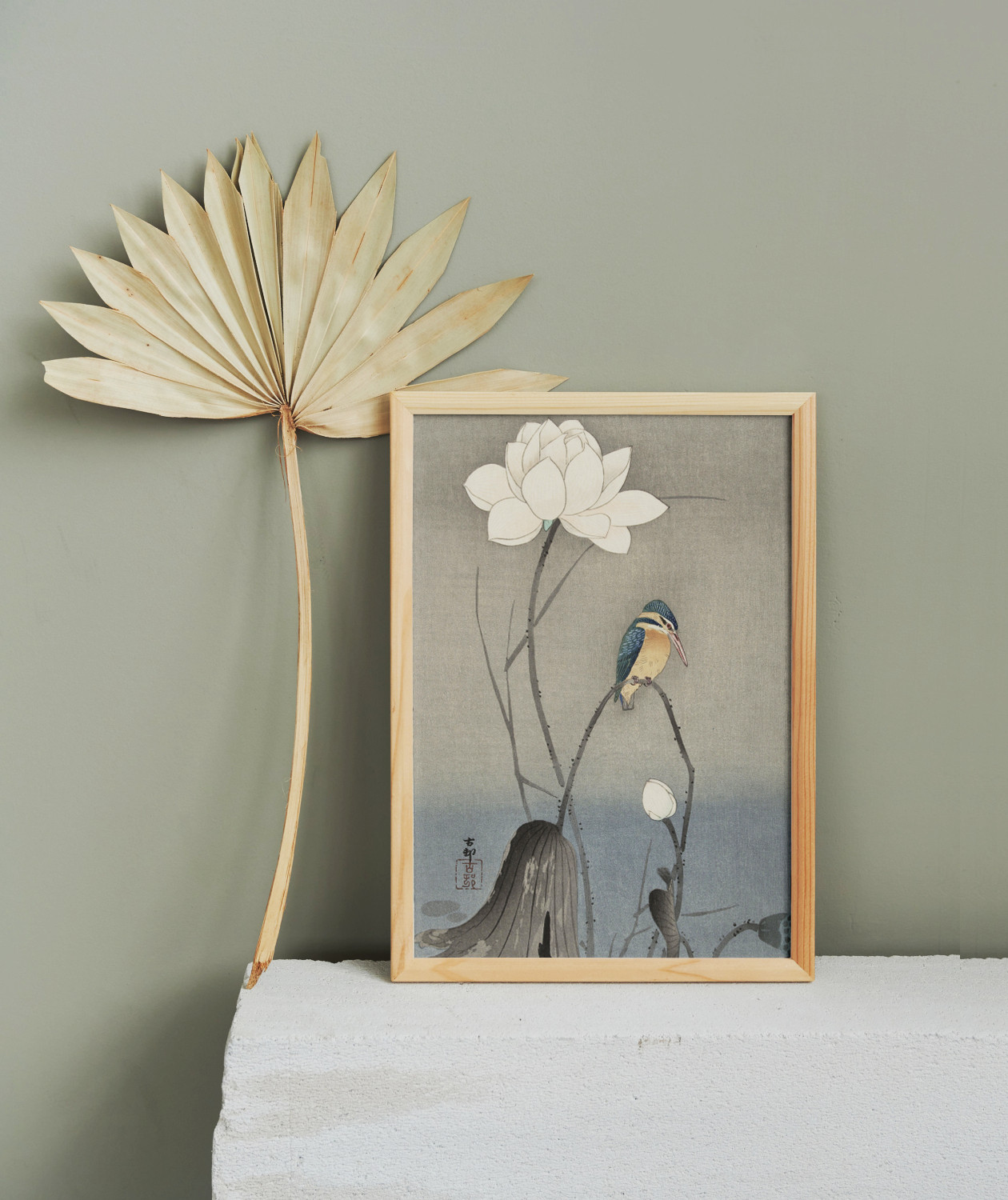 蓮にカワセミ　花鳥画　作家銘あり　合わせ箱　書画、骨董品、美術品