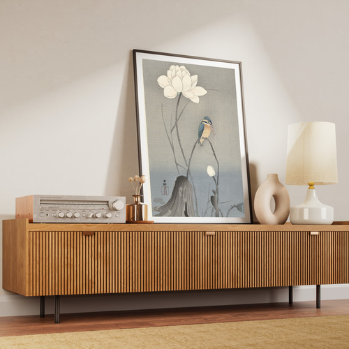 カワセミと蓮の花日本画インテリアポスター☆白色鳥花柄お正月和室和